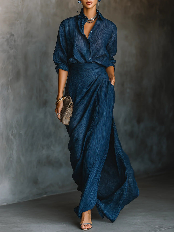 Valerie - Elegant shirt and long skirt set in a dark blue cotton and linen blend