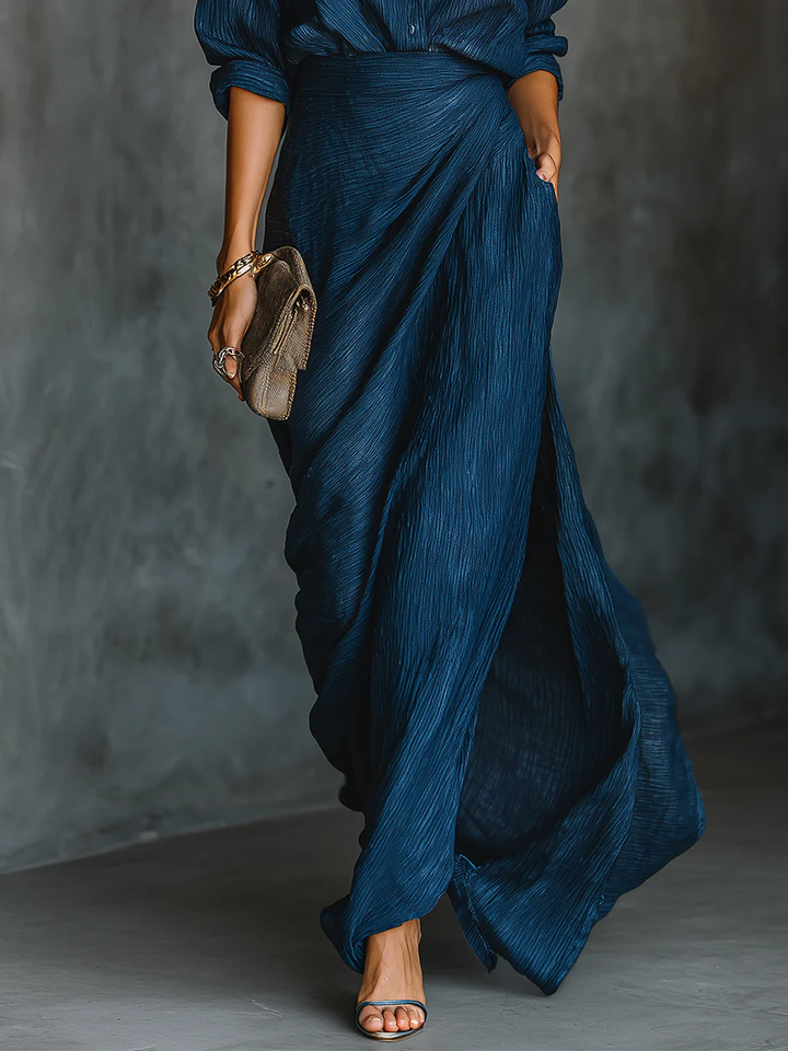 Valerie - Elegant shirt and long skirt set in a dark blue cotton and linen blend
