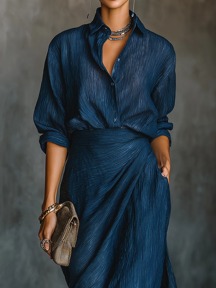 Valerie - Elegant shirt and long skirt set in a dark blue cotton and linen blend