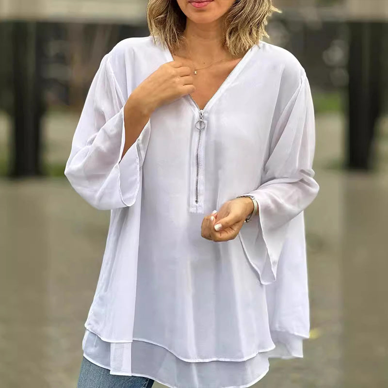 Hyacinth - V-Neck Flowy Zipped Top